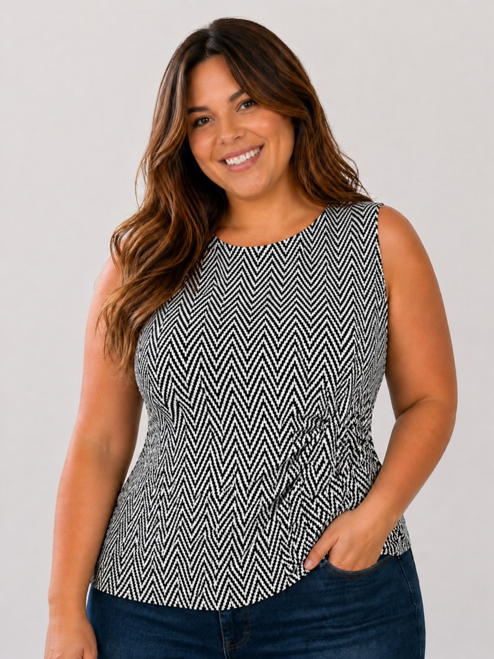 Liz Claiborne Career Women’s XL Black & White Chevron Sleeveless Gathered Blouse